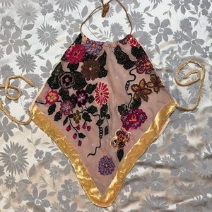 Vintage 90s open back silk velvet beaded halter